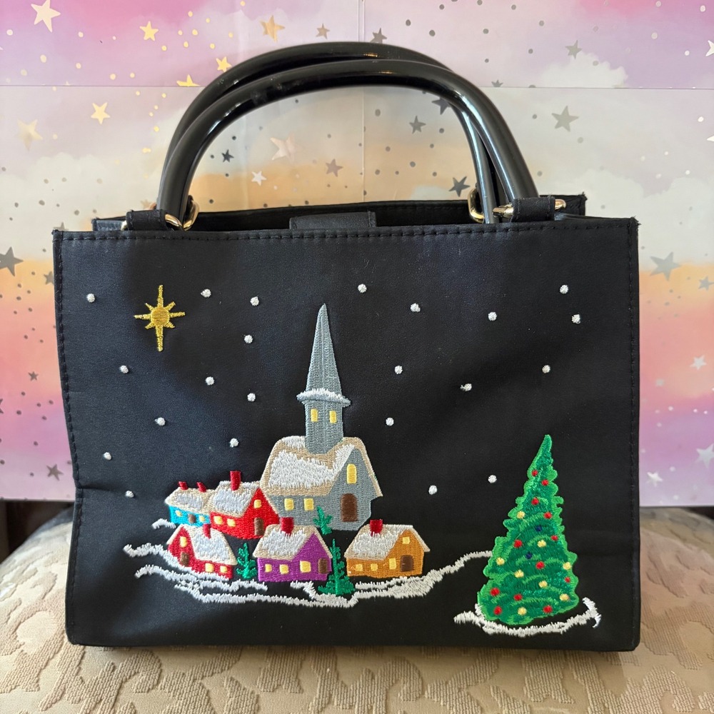 Kim Rogers Black Embroidered Winter Village Christmas Holiday Handbag Tote Bag